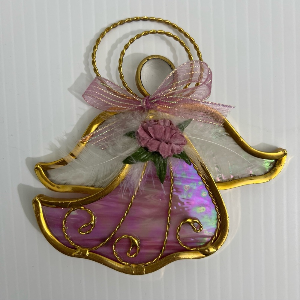 Stained Glass Angel Iridescent Pink Gold Suncatcher Christmas Ornament